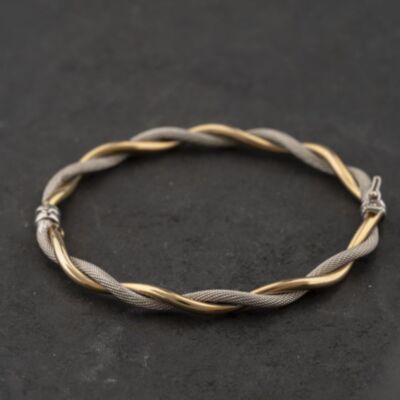Pre-Owned 9ct Two Colour Gold Twisted Polished & Mesh Textured Standard Hinged Bangle 41211420