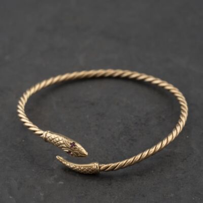 Pre-Owned 9ct Yellow Gold Ruby Twisted Snake Flexible Standard Cuff Bangle 41211422