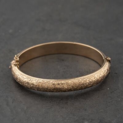 Pre-Owned Antique 9ct Rose Gold Hand Engraved Flower Pattern Small Hinged Bangle 41211438