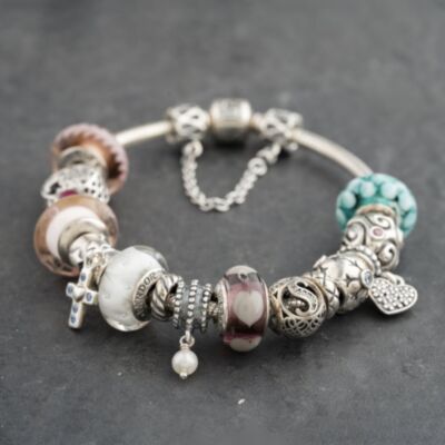 Pre-Owned Pandora Silver Multi Stone Pandora Assorted Glass Bead 8 Inch Charm Bracelet 41221380