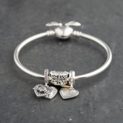 Pre-Owned Pandora Silver Multi Stone Pandora 3 Assorted Mom And Family Small Charm Bangle 41221397