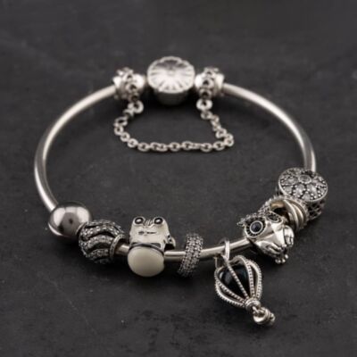 Pre-Owned Pandora Silver Multi Stone 9 Assorted Bead 19cm Plain Bangle 41251293