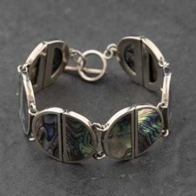 Pre-Owned Silver Mother Of Pearl Inlaid Semi-Circle Joined Link 8 Inch T-Bar Bracelet 41251639