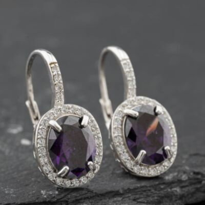 Pre-Owned Silver 23mm Purple & White Cubic Zirconia Cluster Dropper Earrings 412502167183