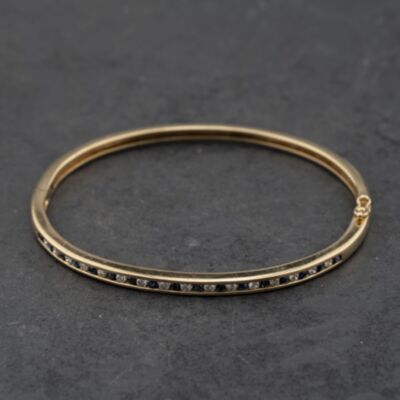 Pre-Owned 9ct Yellow Gold Sapphire & Diamond Channel Set Standard Hinged Bangle 41211466