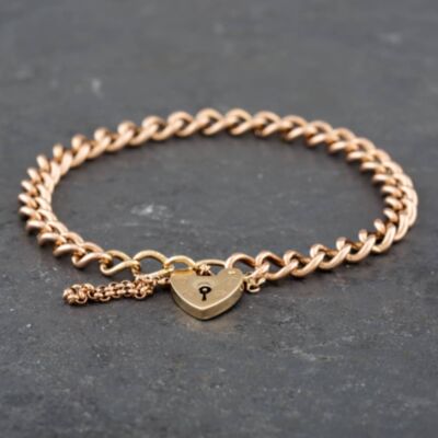 Pre-Owned 9ct Rose Gold Heart Padlock & Attached Safety Chain 8 Inch Curb Chain Bracelet 41281222