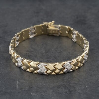 Pre-Owned 14ct Two Colour Gold Cubic Zirconia Set Woven Link 7.5 Inch Bracelet 41281450