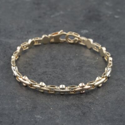 Pre-Owned 9ct Three Colour Gold Brick Style 7.25 Inch Chain Bracelet 41281551