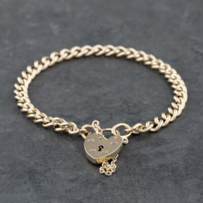Pre-Owned 9ct Yellow Gold Padlock & Safety Chain 7 Inch Curb Chain Bracelet 41281558
