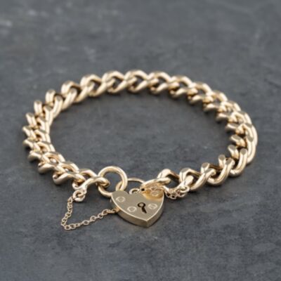 Pre-Owned Vintage 9ct Yellow Gold Padlock & Safety Chain 7 Inch Curb Chain Bracelet 41281560