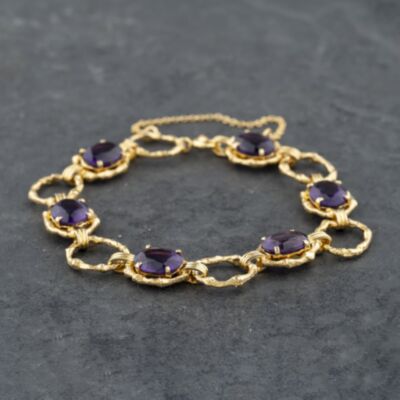 Pre-Owned 9ct Yellow Gold Amethyst Set 7.5 Inch Bracelet 41281591