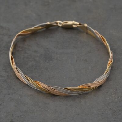 Pre-Owned 9ct Three Colour Gold Plaited 7.5 Inch Herringbone Chain Bracelet 41281609