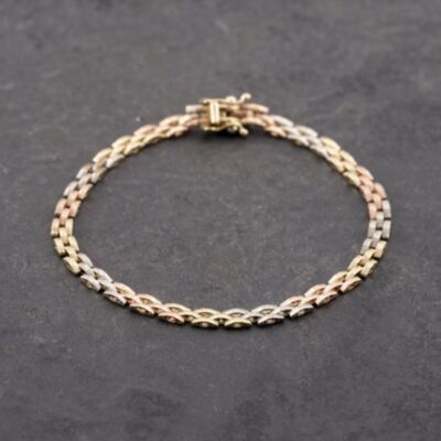 Pre-Owned 9ct Three Colour Gold Brick 7.5 Inch Chain Bracelet 41281676