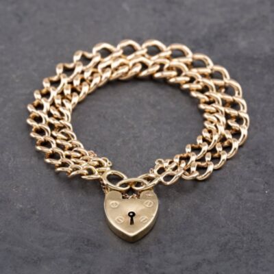 Pre-Owned Vintage 9ct Rose Gold Double With Padlock 7.5 Inch Curb Chain Bracelet 41281679