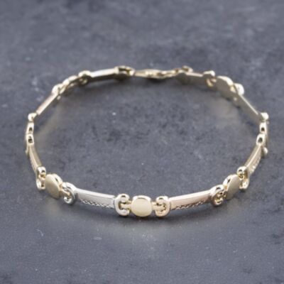 Pre-Owned 14ct Three Colour Gold Diamond Cut Oval & Bar Link Style 8 Inch Chain Bracelet 41281705