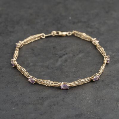 Pre-Owned 9ct Yellow Gold Amethyst & Filigree Rose Link 7.5 Inch Bracelet 41281789