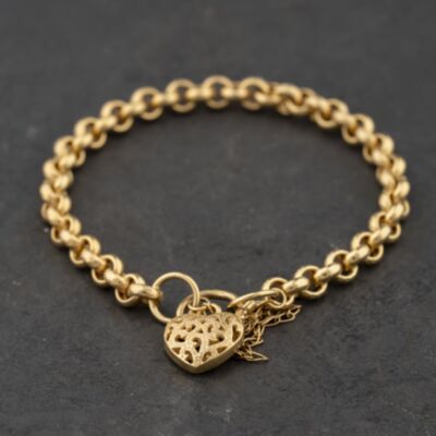 Pre-Owned 9ct Yellow Gold Textured Heart Padlock 7 Inch Belcher Chain Bracelet 41281845