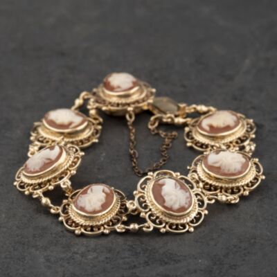 Pre-Owned Vintage 9ct Yellow Gold Multi Stone 7.5 Inch Cameo Bracelet 41281947