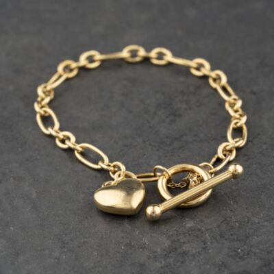 Pre-Owned 9ct Yellow Gold Heart 7.5 Inch Curb T-Bar Bracelet 41281992