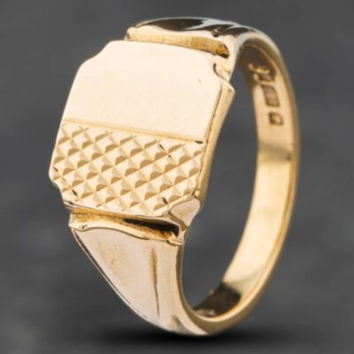 Pre-Owned Vintage 9ct Yellow Gold Half Engraved Octagonal Signet Ring 41341286