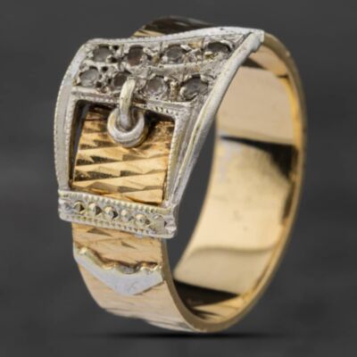 Pre-Owned Vintage 9ct Two Colour Gold White Spinel Buckle Ring 41341412