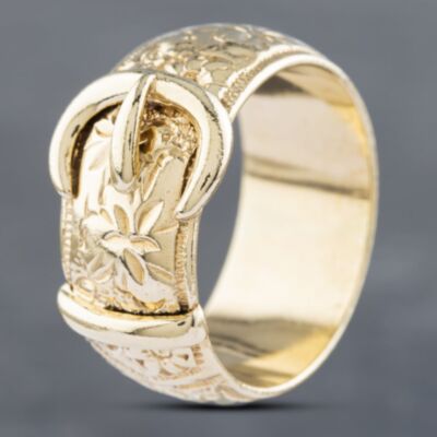 Pre-Owned 9ct Yellow Gold Flower Engraved Patterned Buckle Ring 41341670