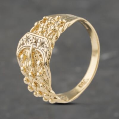 Pre-Owned 9ct Yellow Gold Diamond Engraved Three Row Buckle Ring 41341968