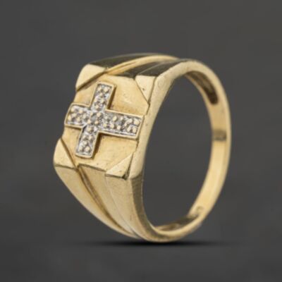 Pre-Owned 9ct Yellow Gold Diamond Cross Pattern Signet Ring 41342542