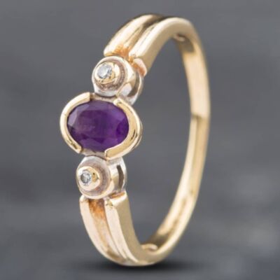 Pre-Owned 9ct Yellow Gold Amethyst & Diamond Three Stone Ring 41382138