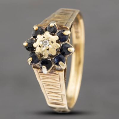 Pre-Owned Vintage 9ct Yellow Gold Sapphire & Diamond Engraved Shoulders Cluster Ring 41382217