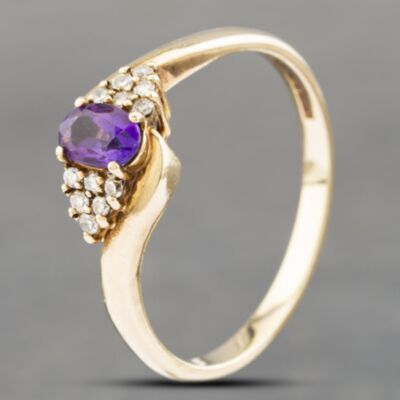 Pre-Owned 9ct Yellow Gold Amethyst & 0.15ct Brilliant Cut Diamond Cluster Ring 41382413