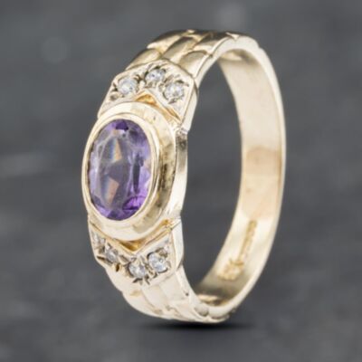 Pre-Owned 9ct Yellow Gold Amethyst & Diamond Patterned Shoulders Seven Stone Ring 41382640