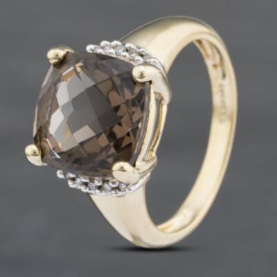 Pre-Owned 9ct Yellow Gold Smokey Quartz & Diamond Cushion Shape Dress Ring 41382682
