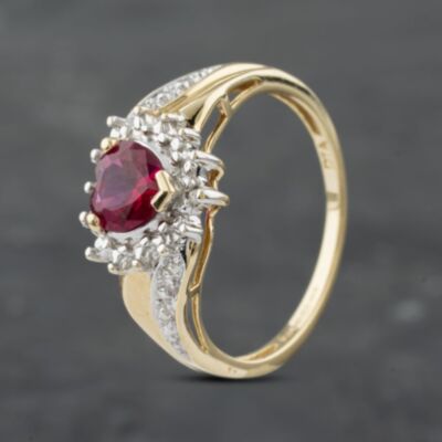 Pre-Owned 9ct Yellow Gold Synthetic Ruby & Diamond Heart Cluster Ring 41382845