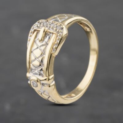 Pre-Owned 9ct Yellow Gold Diamond Patterned Buckle Ring 41382893