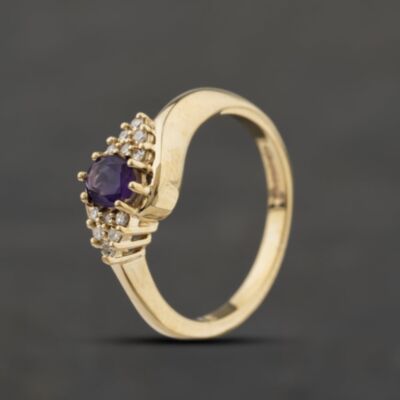 Pre-Owned 9ct Yellow Gold Amethyst & 0.06ct Brilliant Cut Diamond Cross Over Cluster Ring 41383011