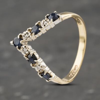 Pre-Owned 9ct Yellow Gold Sapphire & 0.04ct Diamond Half Wishbone Ring 41383033
