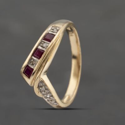 Pre-Owned 9ct Yellow Gold Ruby & Diamond Half Wishbone Ring 41383287