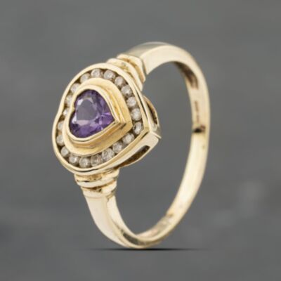 Pre-Owned 9ct Yellow Gold Amethyst & 0.40ct Diamond Heart Cluster Ring 41383357