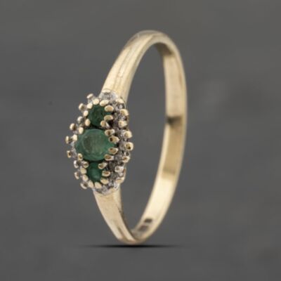 Pre-Owned 9ct Yellow Gold Emerald & Diamond Boat Shaped Cluster Ring 41383398