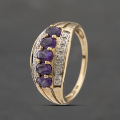 Pre-Owned 9ct Yellow Gold Amethyst & Diamond Three Row Ring 41383402