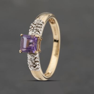 Pre-Owned 9ct Yellow Gold Amethyst & Diamond Dress Ring 41383403