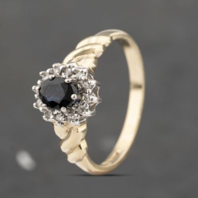 Pre-Owned 9ct Yellow Gold Sapphire & 0.10ct Diamond Cluster Ring 41383439