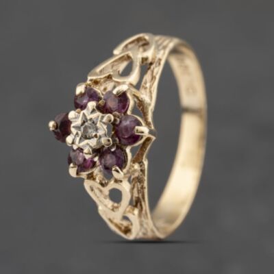 Pre-Owned 9ct Yellow Gold Ruby & Diamond Cluster Ring 41383474