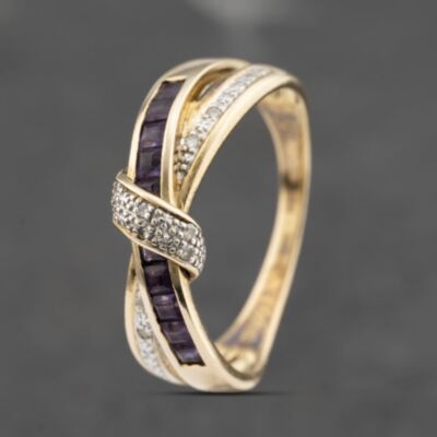 Pre-Owned 9ct Yellow Gold Amethyst & Diamond Crossover Ring 41383476