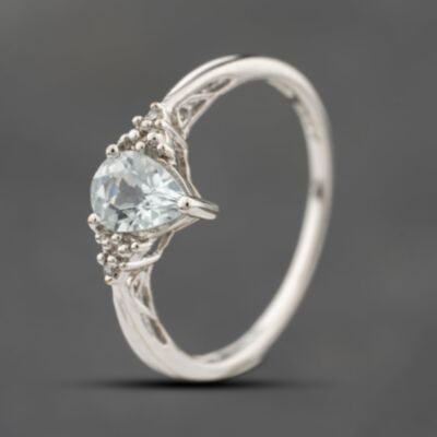 Pre-Owned 9ct White Gold Aquamarine & 0.02ct Diamond Pear Shaped Dress Ring 41383502
