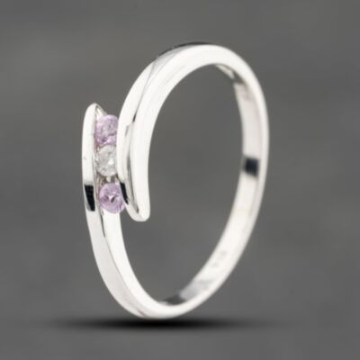 Pre-Owned 9ct White Gold Amethyst & Brilliant Cut Diamond Twist Three Stone Ring 41383624