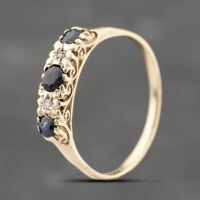 Pre-Owned 9ct Yellow Gold Sapphire & 0.03ct Brilliant Cut Diamond Five Stone Ring 41383706