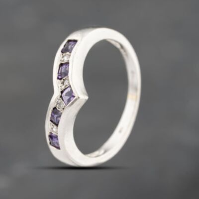 Pre-Owned 9ct White Gold Amethyst & 0.04ct Brilliant Cut Diamond Half Wishbone Ring 41383719