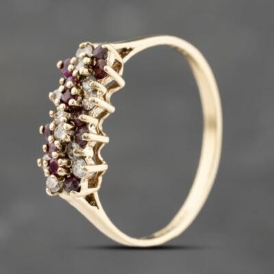 Pre-Owned 9ct Yellow Gold Ruby & 0.18ct Brilliant Cut Diamond Triple Cluster Ring 41383720